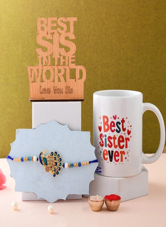 Pride Store Presents Best Rakhshabandhan Combo for Sister - Beautifully Designed Peacock Rakhi for Sister | Rakhi Gift for Sister | "Best Sister Ever" Printed Coffee Mug | "Best Sis In The World" Wooden Showpiece | Heartfelt Quoted Greeting Card comes with Roli and Chawal | Gifts for Sister, Didi, Bahen, Rakhi Gift Combo - Image 2